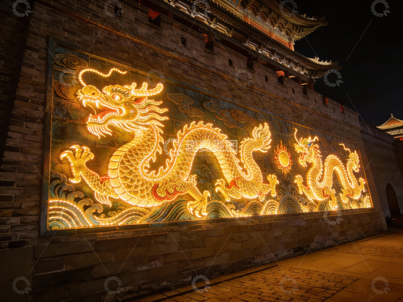 高清大图下载【趣麦麦图】夜景古城墙龙灯壁画