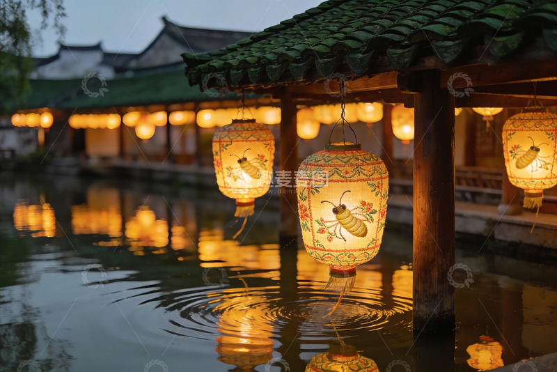 高清大图下载【趣麦麦图】古建筑水边夜景灯笼