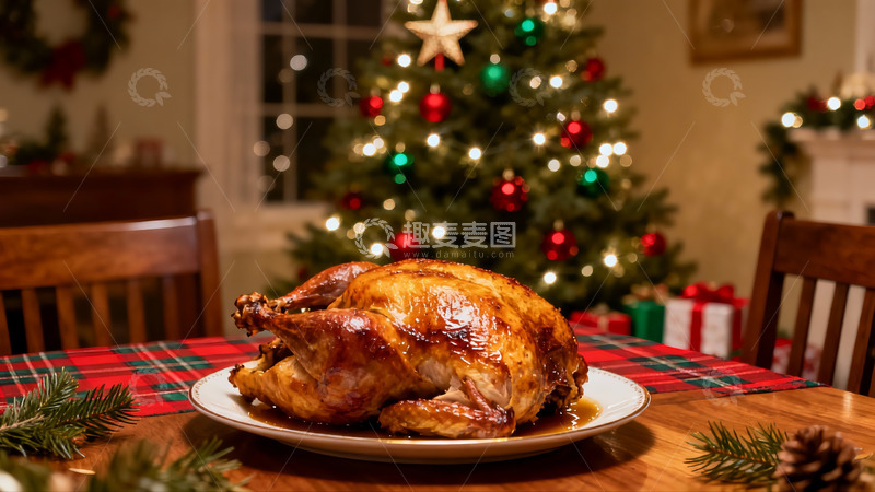 高清大图下载【趣麦麦图】圣诞餐桌烤火鸡