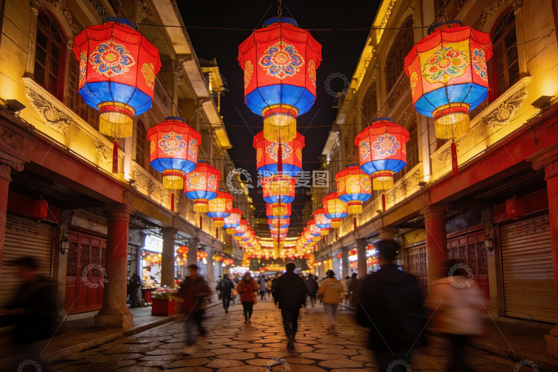高清大图下载【趣麦麦图】夜市灯笼高挂行人穿梭