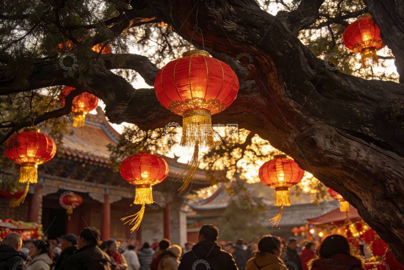 高清大图下载【趣麦麦图】古树红灯笼映衬人群欢聚