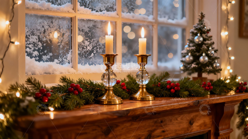 高清大图下载【趣麦麦图】冬日窗边圣诞装饰温馨场景
