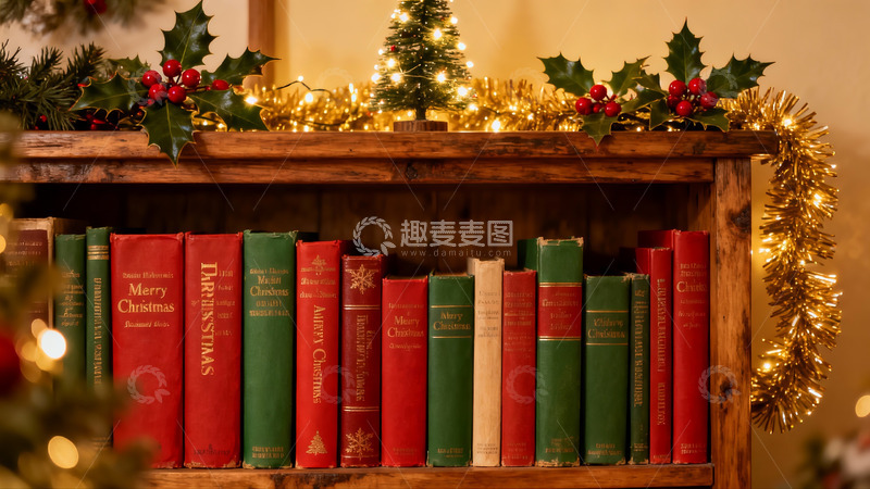 高清大图下载【趣麦麦图】圣诞书架装饰温馨节日氛围