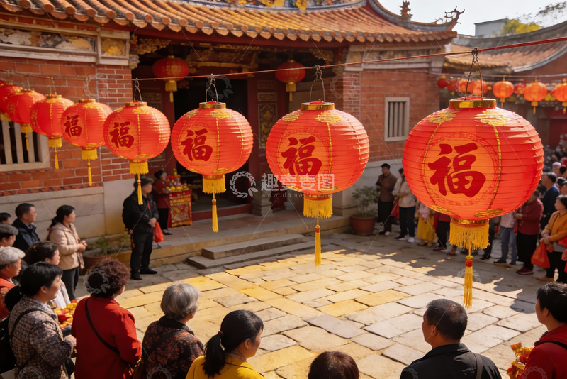 高清大图下载【趣麦麦图】古建筑前挂红灯笼祈福人群