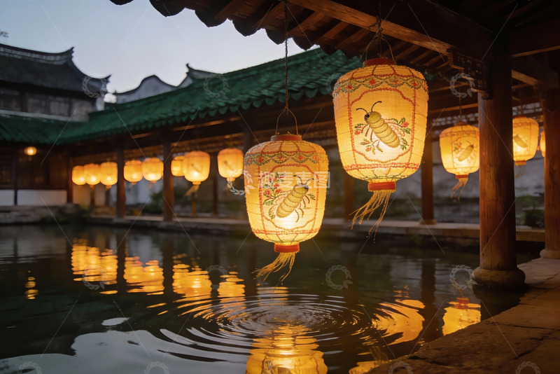 高清大图下载【趣麦麦图】古建筑池塘夜景灯笼高挂