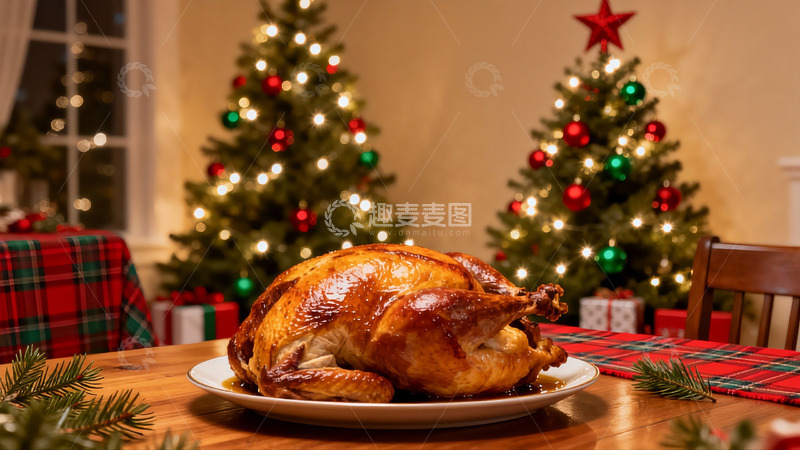高清大图下载【趣麦麦图】圣诞餐桌烤火鸡与装饰树