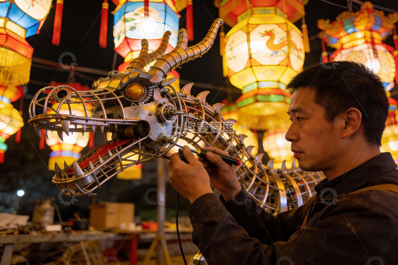 高清大图下载【趣麦麦图】男子夜间制作金属龙灯