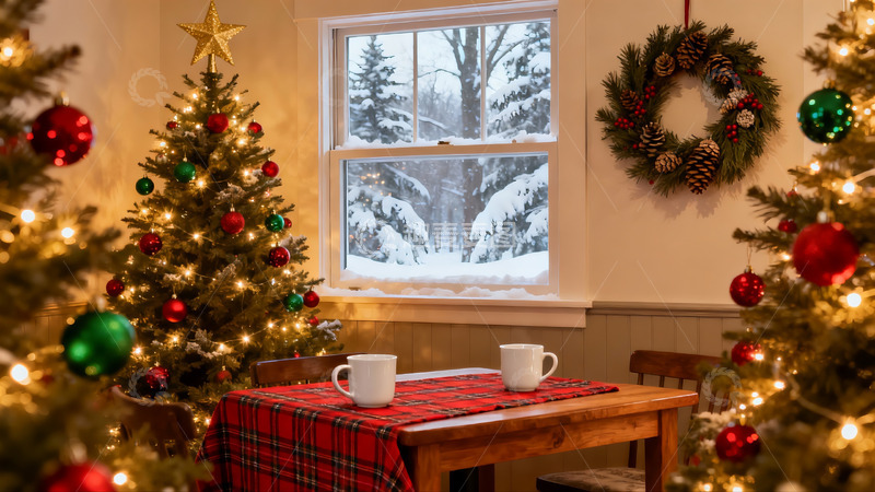 高清大图下载【趣麦麦图】圣诞室内装饰与窗外雪景