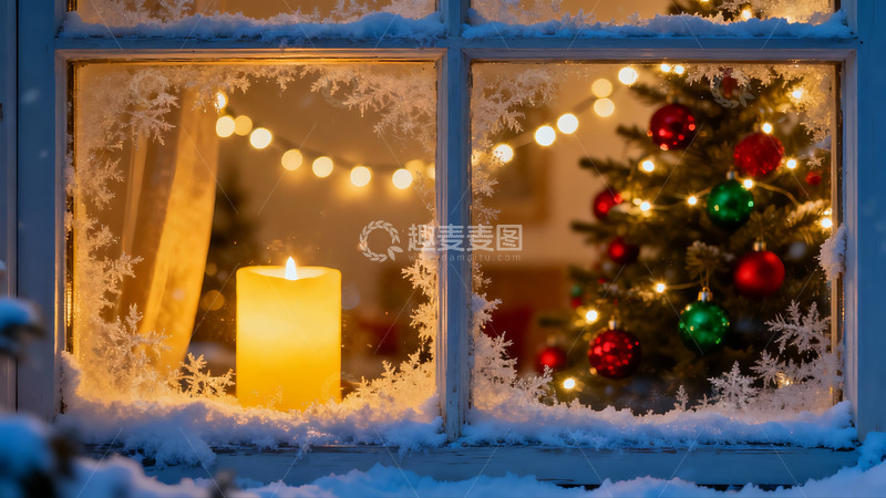 高清大图下载【趣麦麦图】窗外雪夜圣诞树与烛光