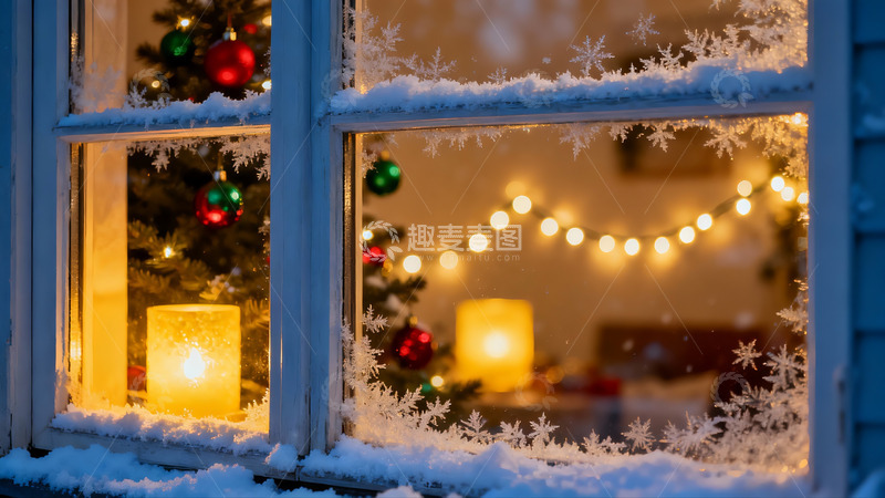高清大图下载【趣麦麦图】窗外雪景与室内圣诞装饰