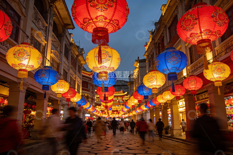 高清大图下载【趣麦麦图】夜市灯笼高挂游人如织
