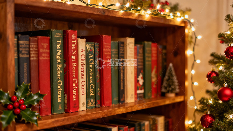 高清大图下载【趣麦麦图】圣诞书架节日装饰温馨场景