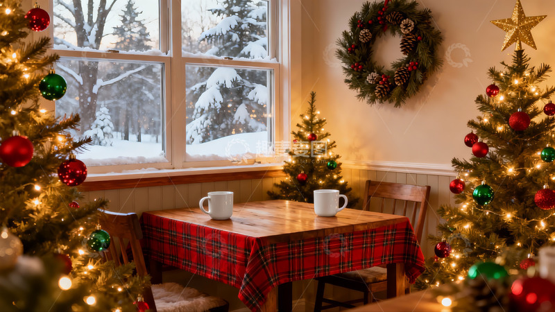 高清大图下载【趣麦麦图】圣诞室内温馨场景雪景窗外