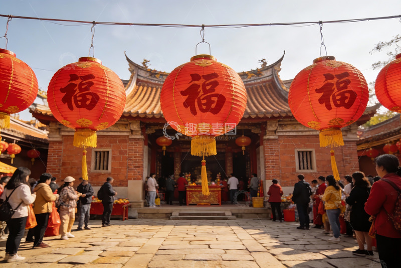 高清大图下载【趣麦麦图】红灯笼下的庙宇祈福场景