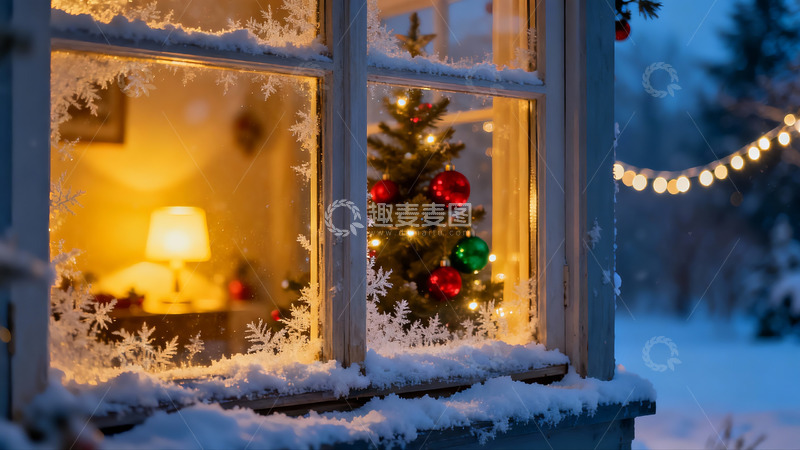 高清大图下载【趣麦麦图】雪夜窗前圣诞树温馨场景