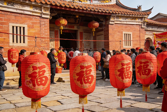 红灯笼装饰的传统建筑前人群