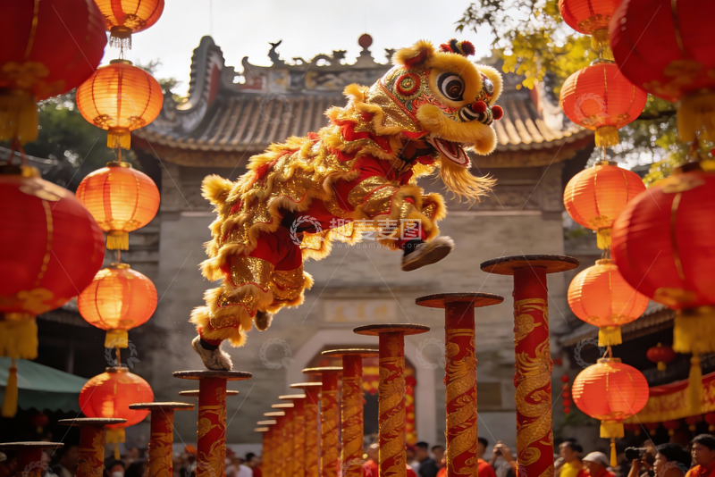 高清大图下载【趣麦麦图】舞狮表演跃上高桩红灯笼环绕