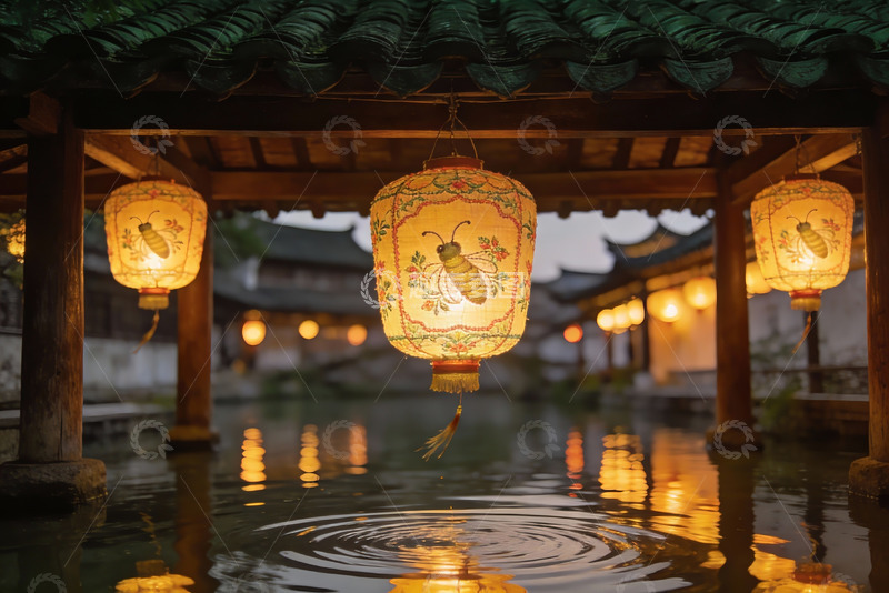 高清大图下载【趣麦麦图】古风灯笼映水景