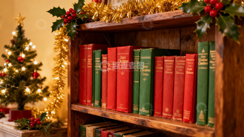 高清大图下载【趣麦麦图】圣诞书架节日装饰温馨场景