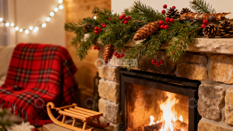 高清大图下载【趣麦麦图】壁炉旁圣诞装饰温馨场景
