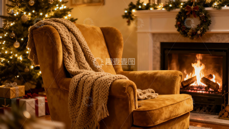 高清大图下载【趣麦麦图】圣诞夜壁炉旁的温馨座椅