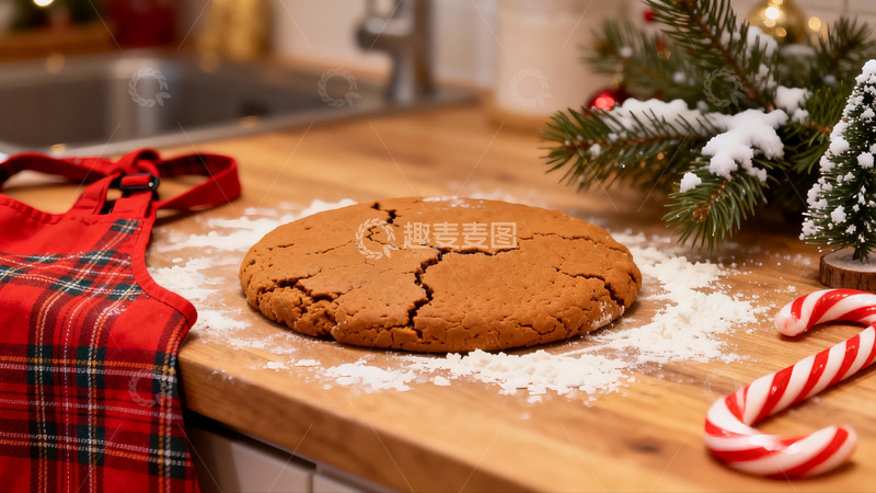 高清大图下载【趣麦麦图】厨房木质台面上的姜饼与圣诞装饰