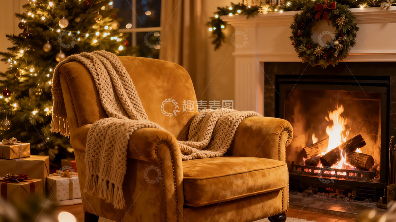 高清大图下载【趣麦麦图】圣诞夜壁炉旁的温馨座椅