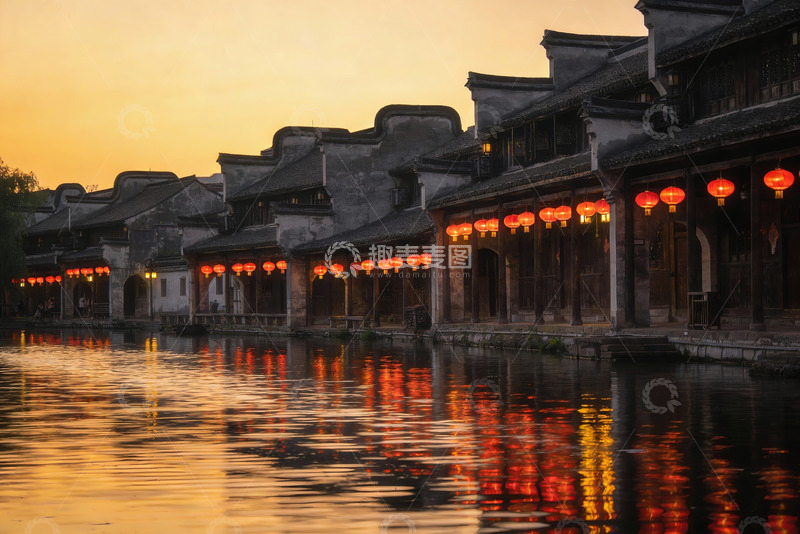 高清大图下载【趣麦麦图】古建筑水乡夜景灯笼倒影