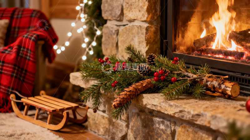 高清大图下载【趣麦麦图】壁炉旁圣诞装饰温馨场景