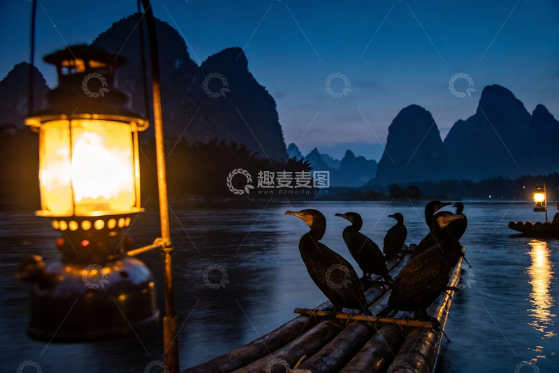 高清大图下载【趣麦麦图】夜幕江上鸬鹚栖息竹筏