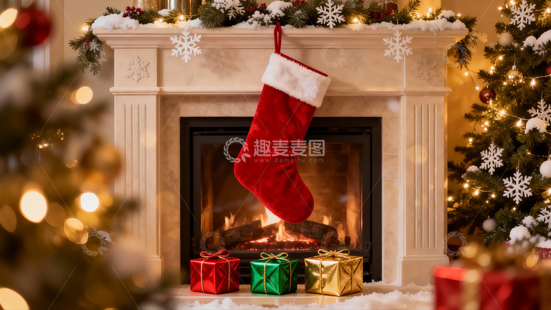 高清大图下载【趣麦麦图】圣诞壁炉前的节日装饰
