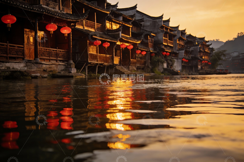 高清大图下载【趣麦麦图】古建筑临水夜景红灯笼