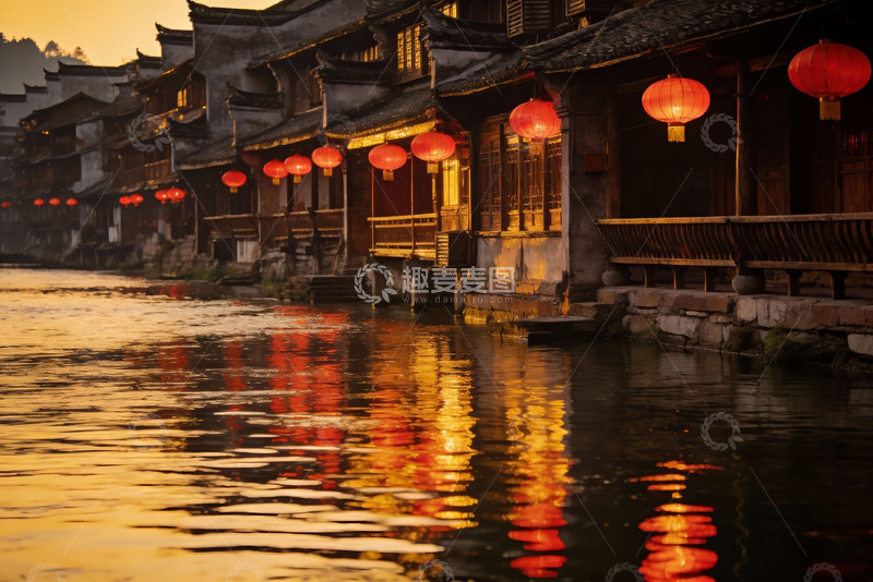 高清大图下载【趣麦麦图】古街水乡夜景灯笼倒影