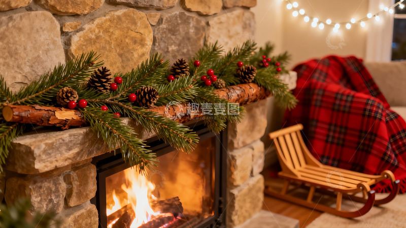 高清大图下载【趣麦麦图】壁炉旁圣诞装饰温馨场景