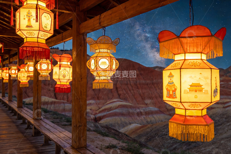 高清大图下载【趣麦麦图】夜景长廊灯笼映衬壮丽山川