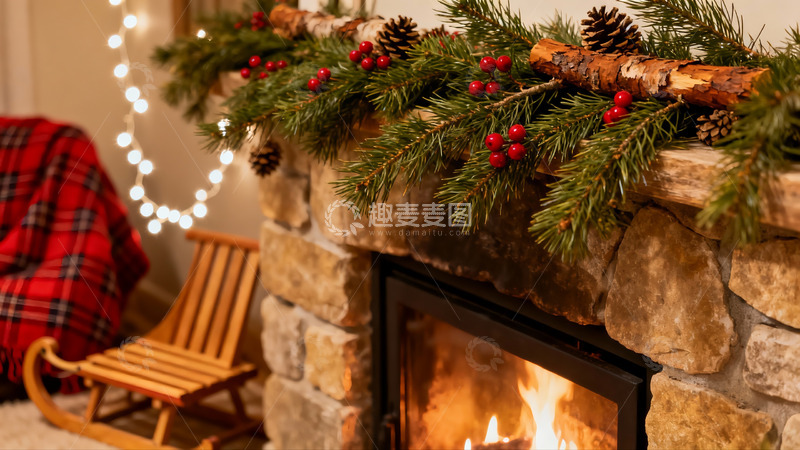 高清大图下载【趣麦麦图】壁炉旁圣诞装饰温馨场景