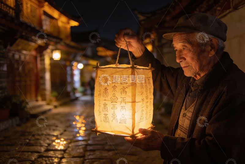 高清大图下载【趣麦麦图】老人手持灯笼夜游古街