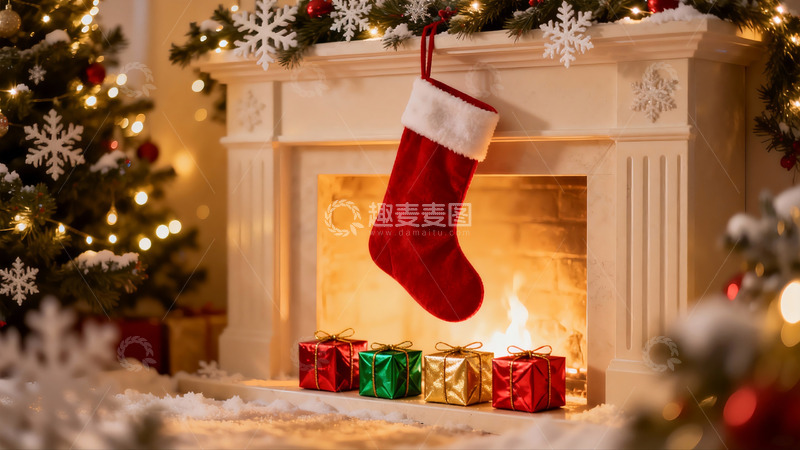 高清大图下载【趣麦麦图】圣诞壁炉挂袜节日装饰