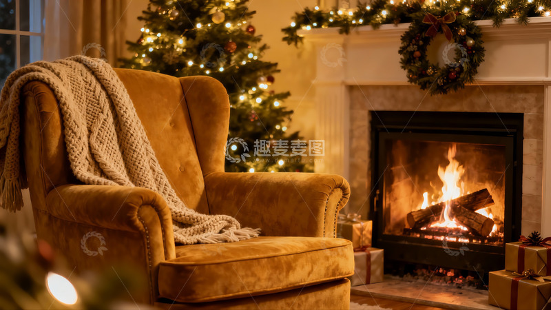 高清大图下载【趣麦麦图】圣诞夜壁炉旁的温馨沙发
