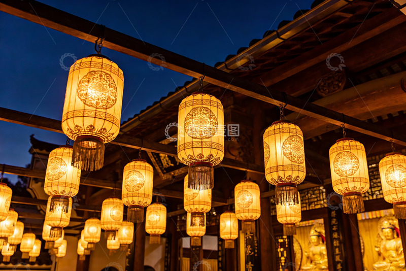 高清大图下载【趣麦麦图】夜幕下古建筑灯笼璀璨