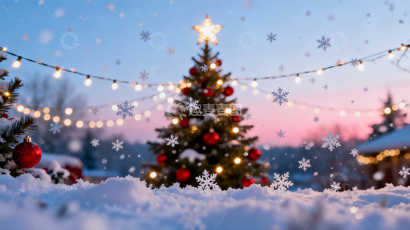 高清大图下载【趣麦麦图】雪夜圣诞树灯光闪烁