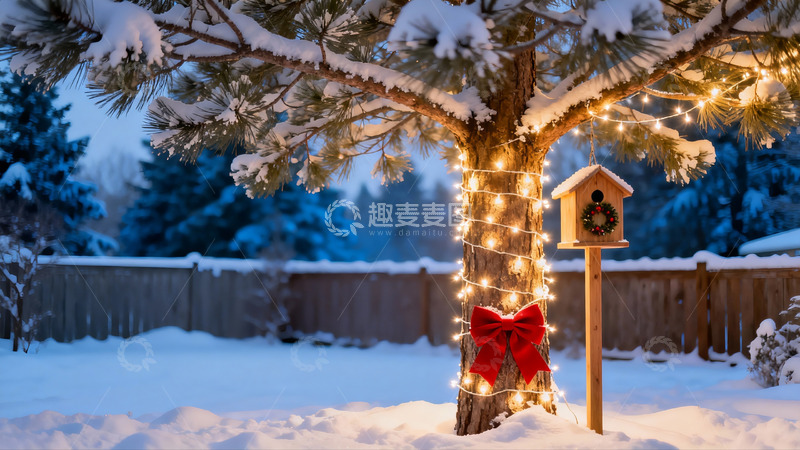 高清大图下载【趣麦麦图】雪夜松树挂彩灯节日氛围浓