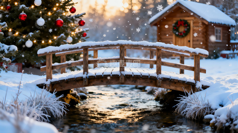 高清大图下载【趣麦麦图】雪景木桥与圣诞树