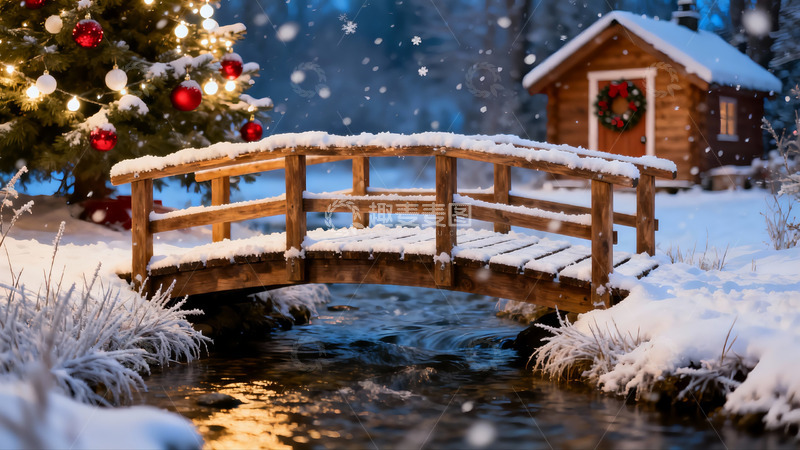 高清大图下载【趣麦麦图】雪夜木桥与圣诞树