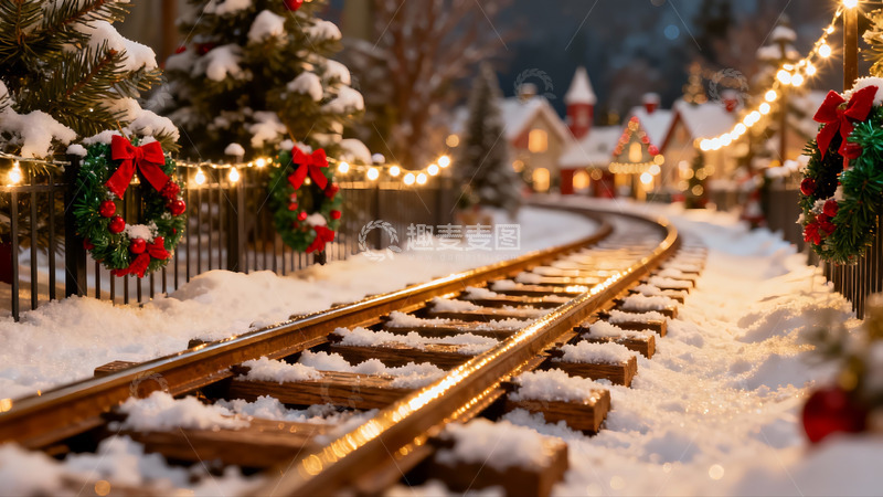 高清大图下载【趣麦麦图】雪夜圣诞小火车轨道