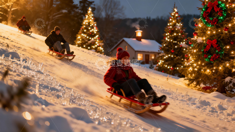 高清大图下载【趣麦麦图】雪地滑橇圣诞夜景