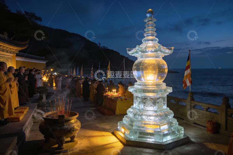 高清大图下载【趣麦麦图】夜晚海边寺庙祈福仪式