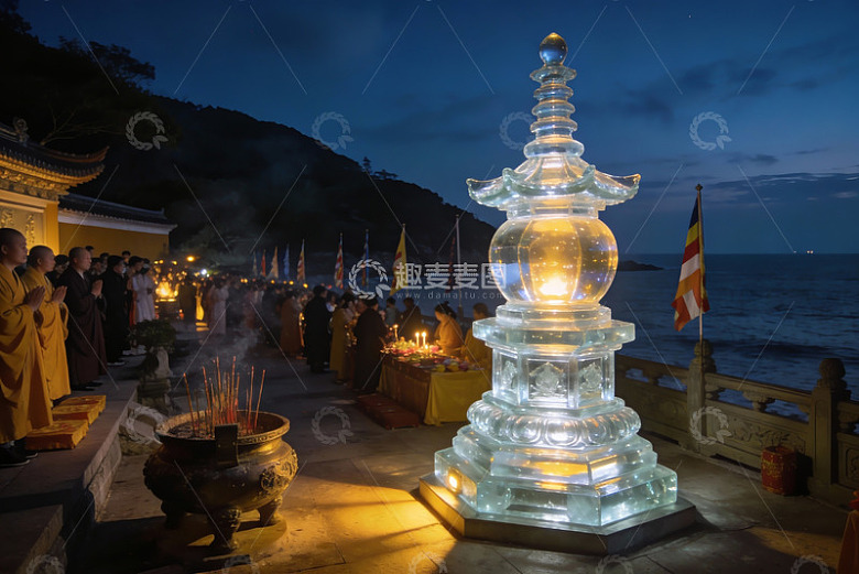 夜晚海边寺庙祈福仪式