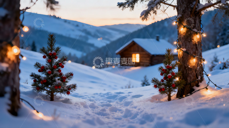 高清大图下载【趣麦麦图】雪夜木屋灯光闪烁