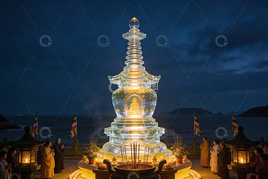 夜晚海边佛塔灯火辉煌